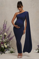 Navy Maternity One Shoulder Maxi Dress with Cape Sleeve